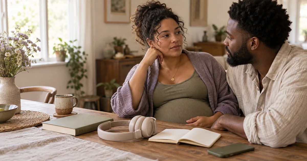 Pregnant person and support person talking at home beside a book, blank notebook and headphones.