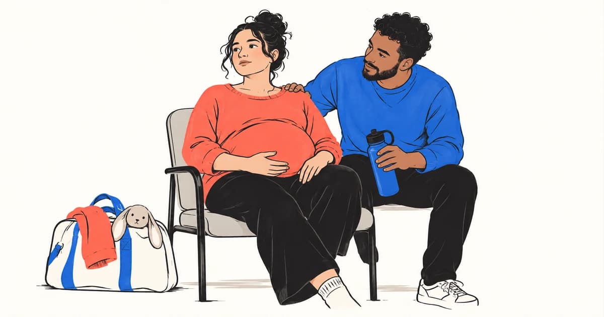 Illustration of a pregnant person and birth partner waiting together with a packed hospital bag.