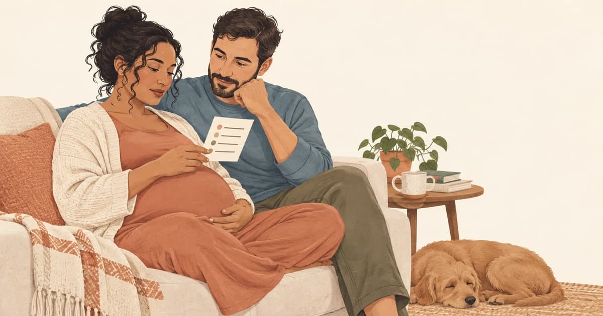 Illustration of a pregnant person and partner reviewing birth preferences together at home.