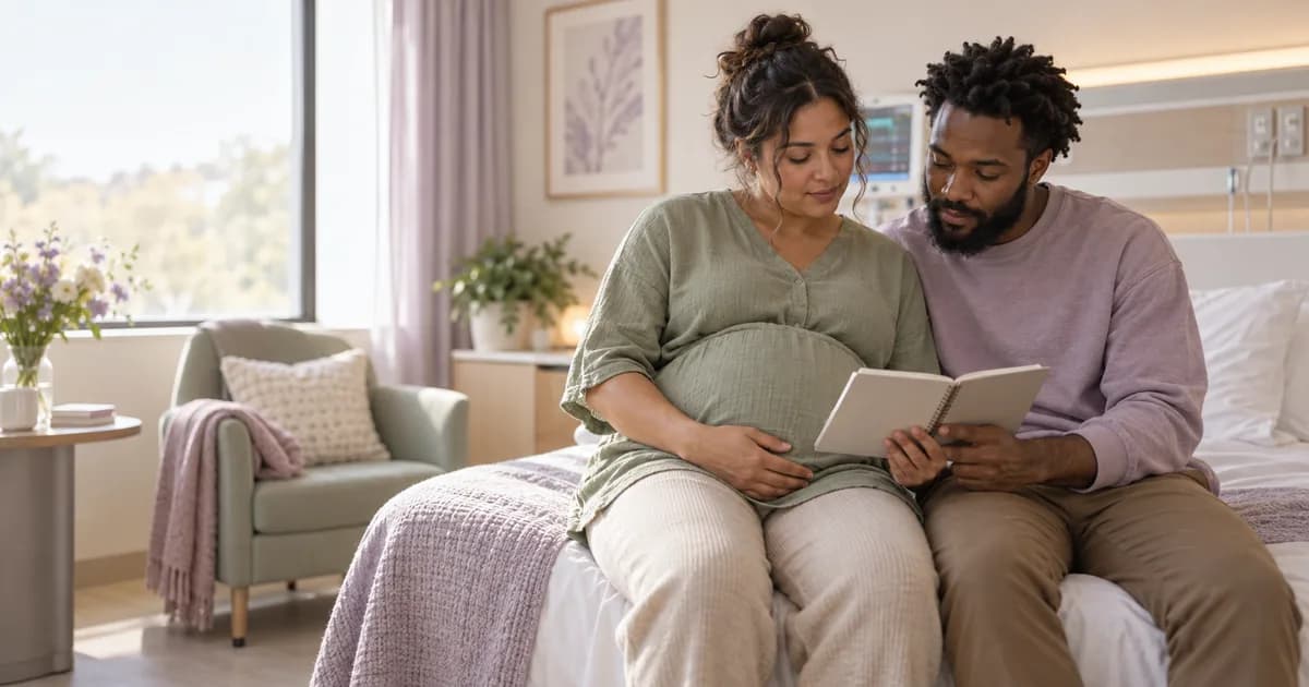 Pregnant person and birth partner reading together in a hospital room.