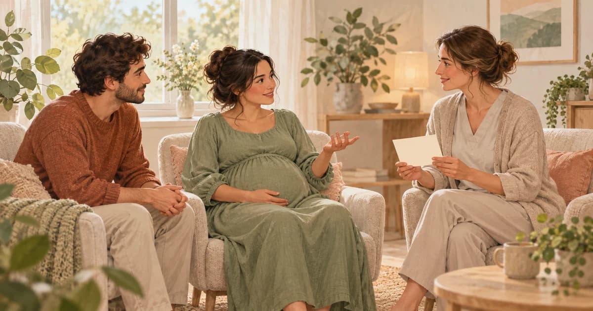 Pregnant person discussing a membrane sweep appointment with a midwife and support person.