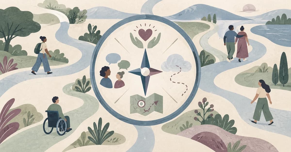 Illustrated Story Compass linking birth stories to preferences, questions and flexible paths