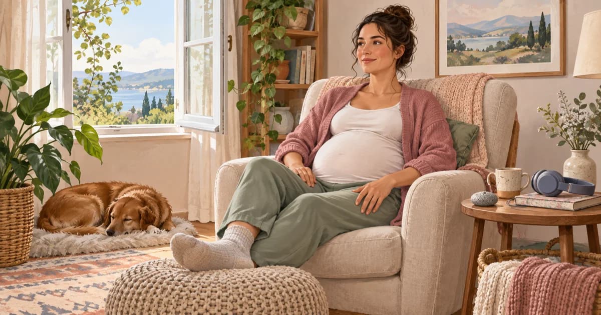 Pregnant person resting in a supported chair with an open window, headphones and a grounding object nearby.