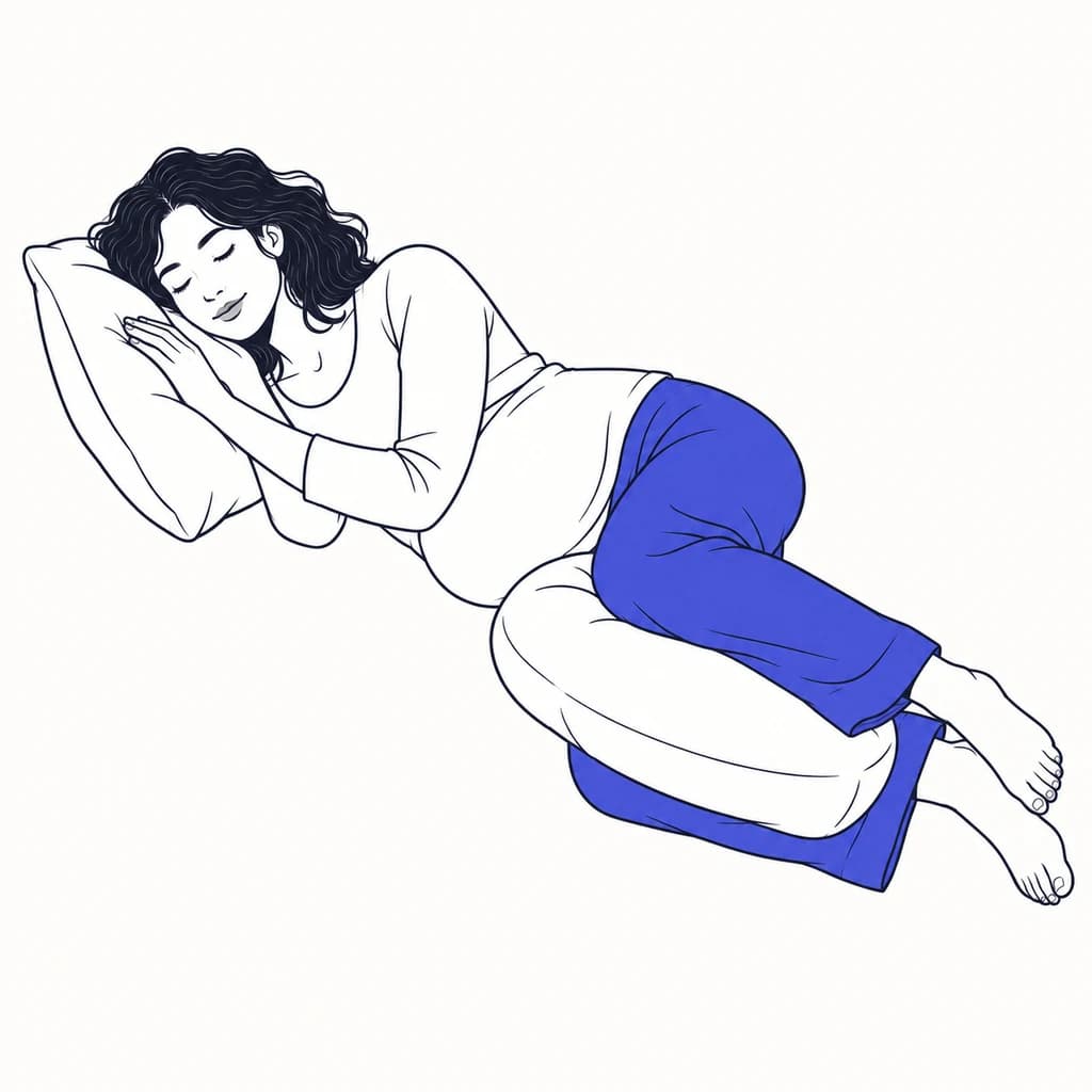 Line illustration of a pregnant person resting comfortably on their side with a pillow.